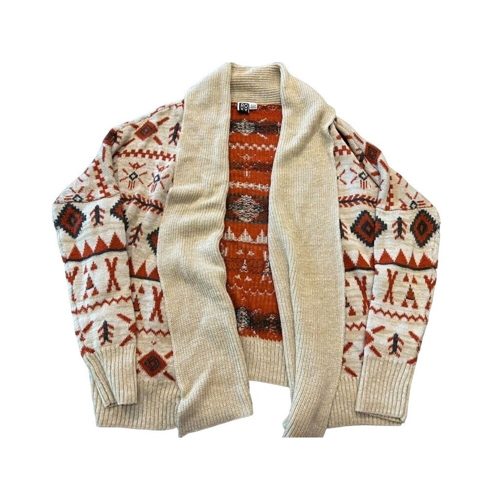 Roxy Knit Cardigan Sweater Med Multicolor Tribal Aztec Print Open Drape Front